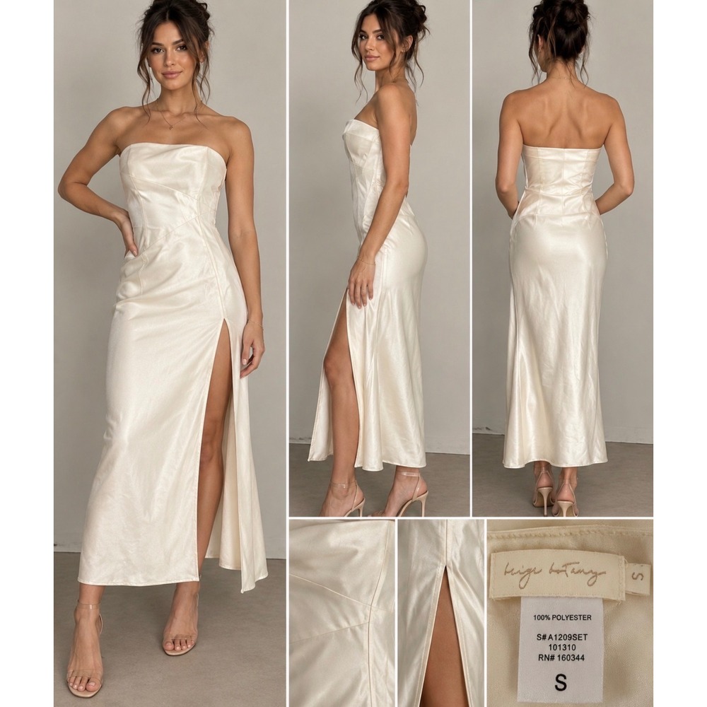 High Beauty Cream Satin Strapless Maxi Dress Slit A1209SET Small - Picture 2 of 8